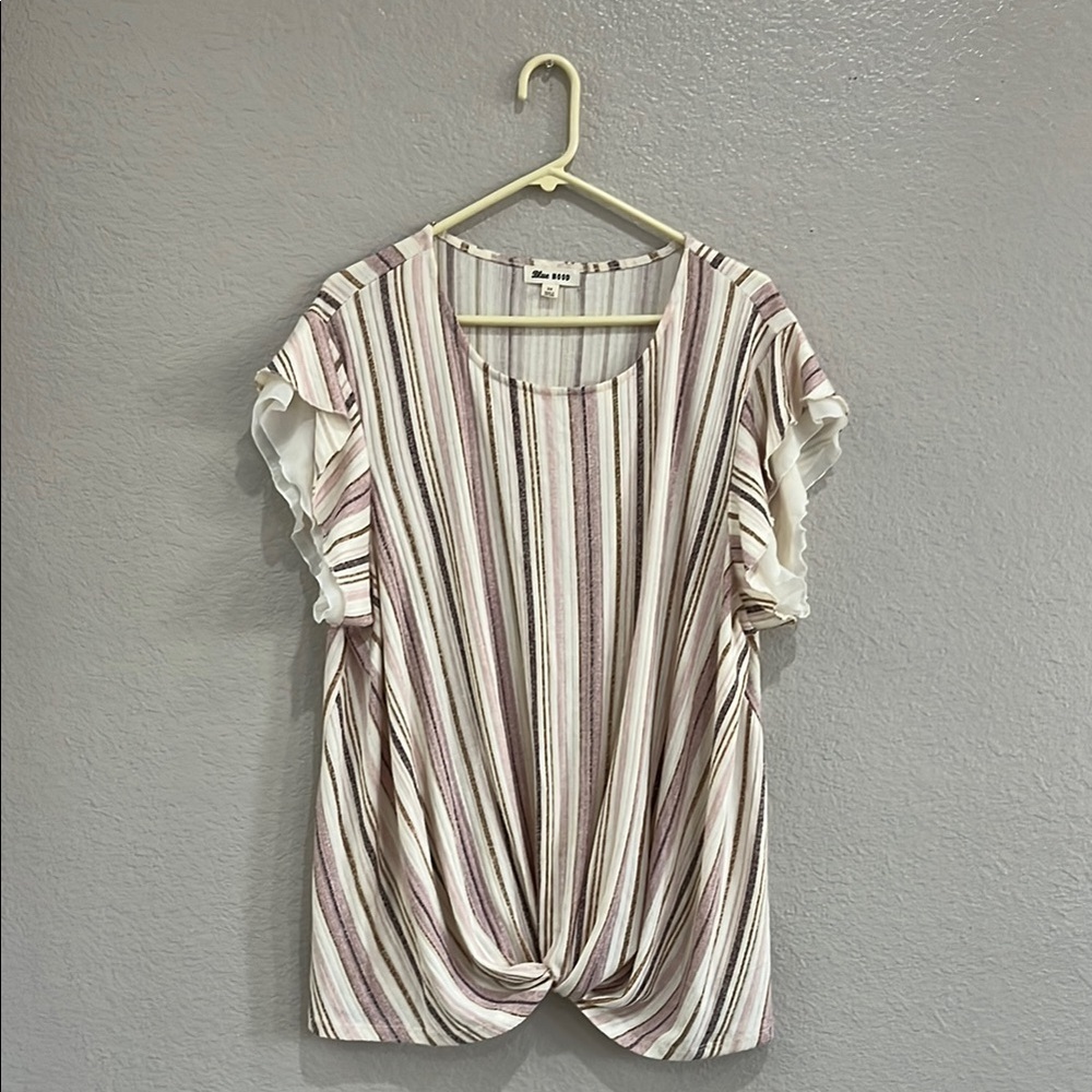 Blue Mood Women's Striped Print Top Plus Size 3X Ruffle Shot Sleeves chic TC0612